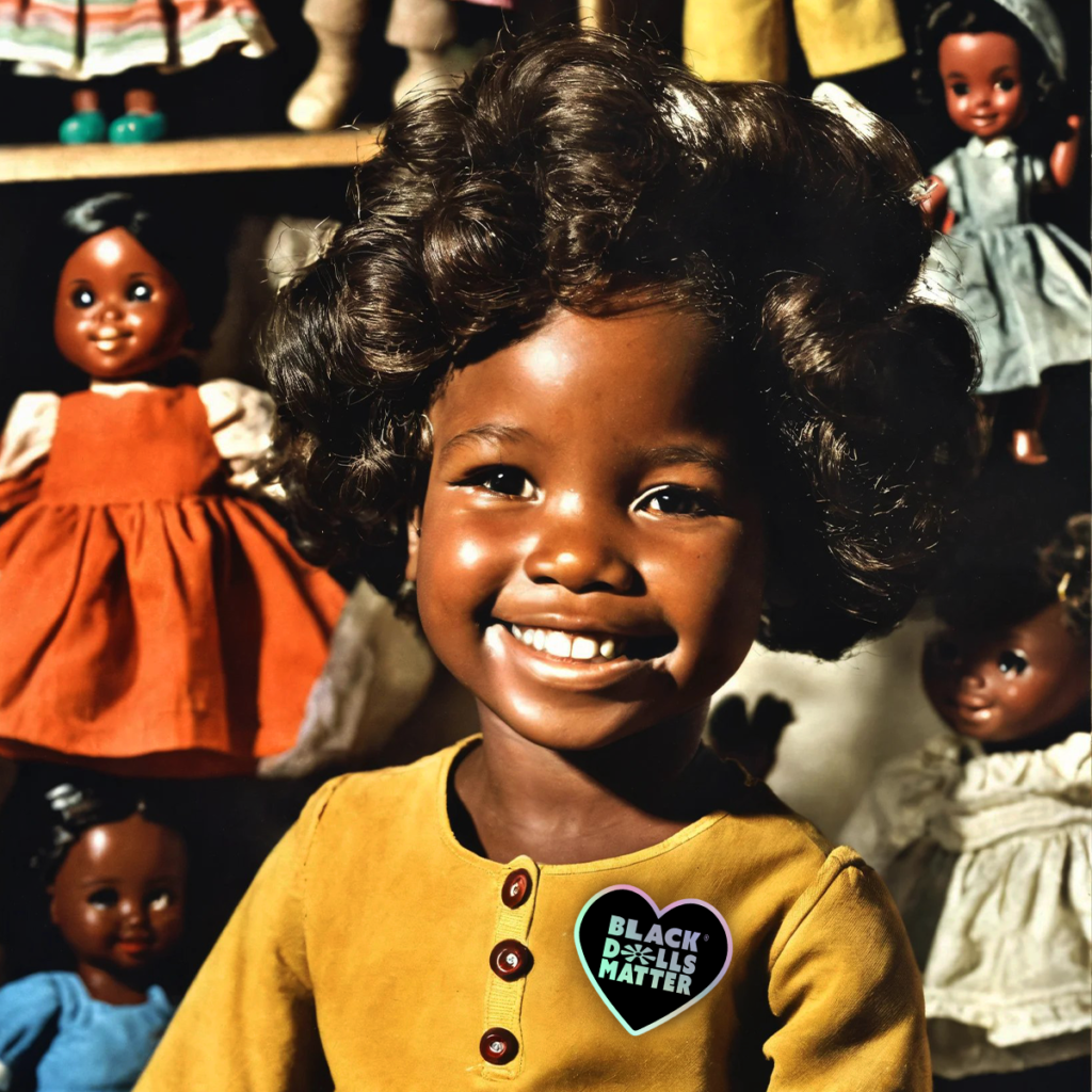 "An image of a smiling girl surrounded by diverse black and multi-ethnic dolls, representing the inclusive and celebratory atmosphere of the Black Dolls Matter Club."