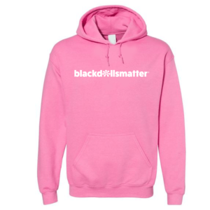 Black Dolls Matter® pink hoodie with glo-in-the-dark logo.