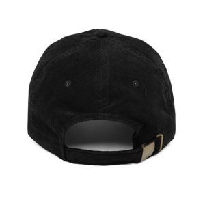 Alt text: A vintage-style corduroy cap made from 100% cotton, featuring an unstructured, low-profile 6-panel crown. The cap includes a cotton twill sweatband and taping for added comfort, six embroidered eyelets for ventilation, and an adjustable strap with a gold-colored metal buckle for a perfect fit. The cap is available for personalization with custom embroidery and is sourced from China and Vietnam.