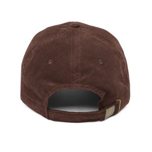 Alt text: A vintage-style corduroy cap made from 100% cotton, featuring an unstructured, low-profile 6-panel crown. The cap includes a cotton twill sweatband and taping for added comfort, six embroidered eyelets for ventilation, and an adjustable strap with a gold-colored metal buckle for a perfect fit. The cap is available for personalization with custom embroidery and is sourced from China and Vietnam.